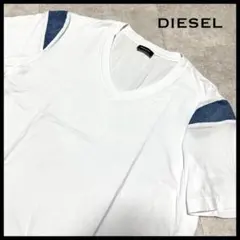 ディーゼル Tシャツ 半袖 Vネック デニム バイカラー 白 青 M