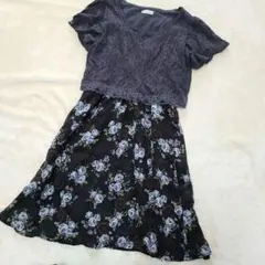 【美品】アクシーズファム　ドッキングワンピース　レース花柄　薔薇　フレア　フリル