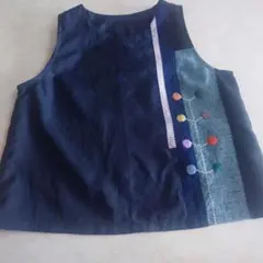 古布リメイク∶刺し子•まん丸アップリケ【ポケット付ベスト】