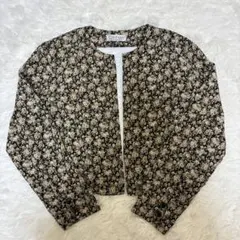 小花柄 ノーカラー 薄手 長袖ジャケット 紺 総柄 上品 羽織