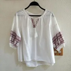 COLZA 刺繍ブラウス ホワイト 七分袖