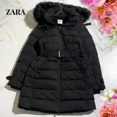 美品✨ZARA ダウン フード ファー ベルト Aライン ロングコート ブラック