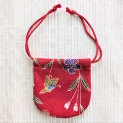 和柄 ミニ巾着袋 和小物 ちりめん 縮緬 赤 花 蝶