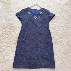 チェリーアン　ツイードワンピース　（F）　青　半袖　ビジュー装飾　花　フォーマル