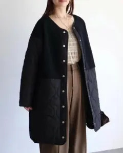 【新品】軽量 ボア×キルティング切替 ジャケット ロングコート/ブラック M/L