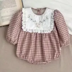 Angou 花柄刺繍ロンパース　チェック　80