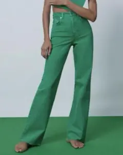 ZARA フルレングス　カラーデニム　ワイドデニム　グリーンデニム