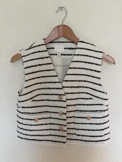 H&M ツイード調 ボーダーベストXS ゴールドボタン 白黒