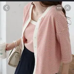 【美品】ディスコート　アンサンブルリブボーダー　5分袖　フリーサイズのサムネイル