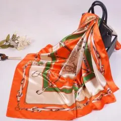 オレンジ グリーン チェーンデザイン スカーフ 大判 90cmx 90cm