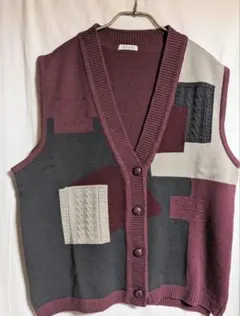 期間限定セール　ミセス秋冬パッチワークニットベスト　ゆったりフリーサイズ　日本製