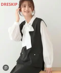 DRESKIP カットツイードVネックベスト　パール調釦