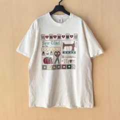 90s USA製古着　ヴィンテージ　グラフィックTシャツ　裁縫　生成りコットン