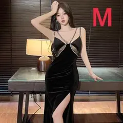 キャバドレス　ラインストーンドレス　ワンピ　レース セクシー ロング 黒 M