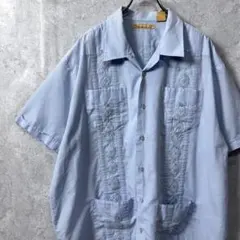 キューバシャツ 半袖 刺繍 4ポケット サックスブルー 水色 XL 0のサムネイル