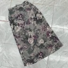 スカート グレー系花柄 ローズプリント ミモレ丈 裏地付き