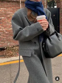 ウールロングコート　ダブルボタン　グレー　裏地キルティング