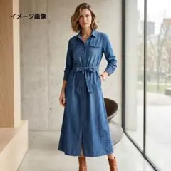 ウエストリボン付き デニムシャツワンピース 長袖のサムネイル