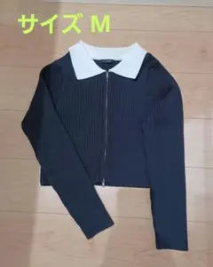 リブニット長袖トップス ブラック ダブルジップ M レディース