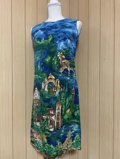 レトロ風景画プリント ノースリーブワンピースM