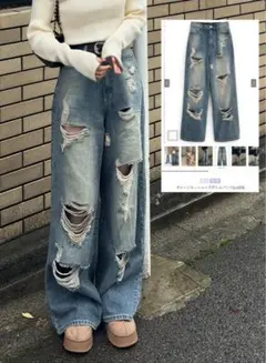 GRL ダメージカットルーズデニムパンツ[cu525]