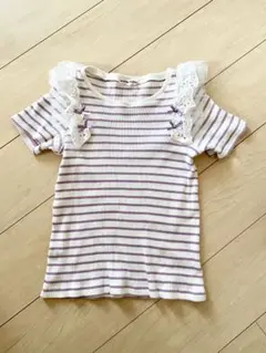 新品【anyFAM 】袖レース　半袖ボーダーカットソー　150 Tシャツ 白のサムネイル