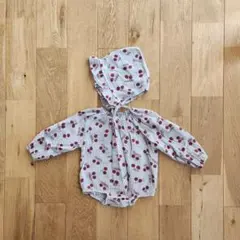 60 70 ロンパース ボンネット付き さくらんぼ ガーゼ生地 薄手 ベビー服
