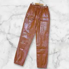 ブラウン 光沢 エラスティックウエストパンツ フロントポケット付きSサイズ 派手