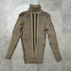 リブニット タートルネック 縦ライン配色 ベージュ×ブラウン ヴィンテージ風