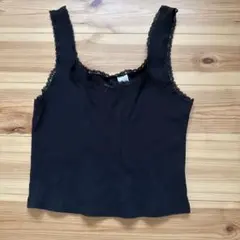 黒 リブ編み レース付きキャミソール