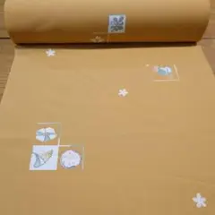 美品 小紋 ポリエステル着尺反物 からし色 花模様のサムネイル