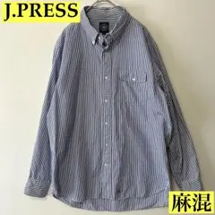 J.PRESS 麻混 ストライプ ボタンダウンシャツ 長袖 メンズ　ＬＬサイズのサムネイル