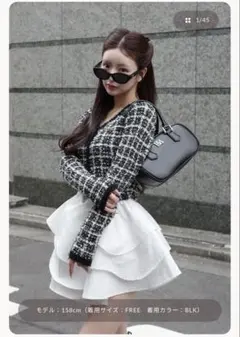 ボリュームフリルツイードニットミニワンピース 黒 ダーリッチ　FL