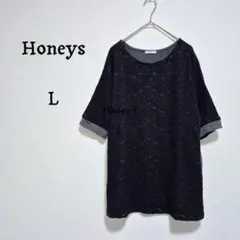 ハニーズ　シネマクラブ　ブラックレース 半袖ブラウス　コットン混　Lサイズ