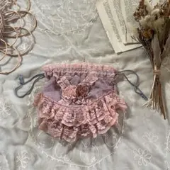 vintageヴィンテージレトロ飾りレースフリル巾着ポーチ紫pinkのサムネイル