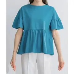 Pierrot 綿100％ ギャザーフリルスリーブTシャツ　シアン　Mのサムネイル