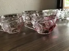 曽我ガラス　昭和レトロ　ガラス 小さめティーカップ ソーサー　5客セット　ぶどう