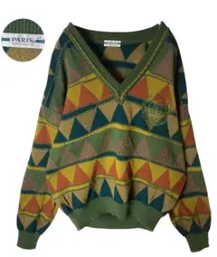 レトロ古着エンブレム刺繍ロゴ×グリーン総柄ニットゆったりサイズ