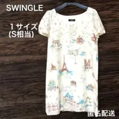 スウィングル　半袖ワンピース　パリ柄メトロワンピース　スカラップ　リボンのサムネイル