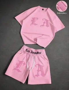 即日完売！やりら着用！LA ロゴ Tシャツ ショートパンツ セットアップ ピンクのサムネイル