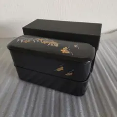 スリム二段式弁当箱　花と蝶の模様　電子レンジ対応　たつみや漆器