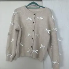 リボン装飾 アイボリー カーディガン S