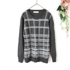 LCB ニット　チェック柄セーター　グレー　毛　アクリル