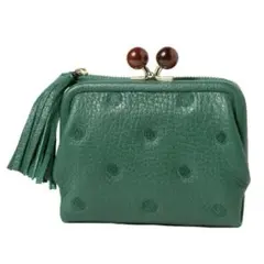 【美品】perche アクリル玉　本革 がま口 二つ折り財布　グリーンドット