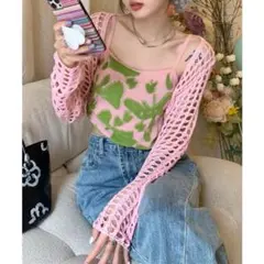 aimoha 新品　ニット編みカーディガン ピンク　リブのサムネイル
