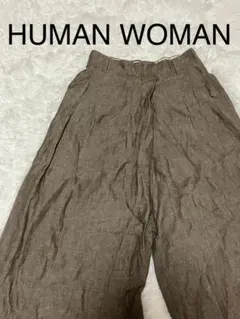 HUMAN WOMAN ブラウン ワイドパンツ タック ゆったりゴム入 Mサイズ