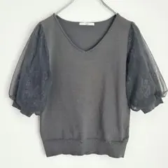index Vネック半袖 ニット M グレー 刺繍