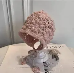 ピンク ニット帽　ベビー　かぎ編み花模様 耳あて付き　退院　写真撮影