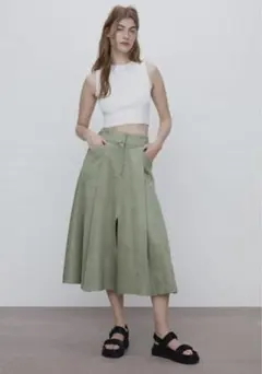 ZARA フェイクスエードスカート　スリット　グリーン