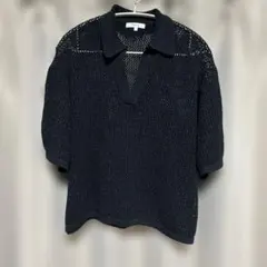 GLOBAL WORK ブラック ラメ入り　半袖メッシュ　ポロニットM